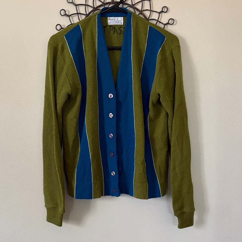 Vintage Sears Olive Green and Teal Striped Men’s Cardigan Sweater